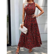 Moda Loris Kadın Kolsuz Bisiklet Yaka Beli Lastikli Desenli Süprem Elbise