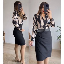 Moda Loris Kadın Uzun Kollu Yakalı Üst Dalgıç Eteği Krep Kemerli Elbise