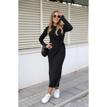 Moda Loris Kadın Uzun Kollu Bisiklet Yaka Belden Çapraz Bağlamalı Yandan Yırtmaçlı Uzun Viskon Iki Iplik Elbise