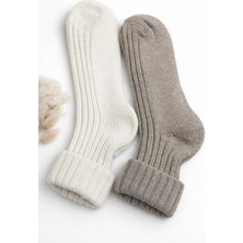Sky Socks 2'li Yünlü Kalın Kışlık Kıvrıklı Kahverengi-Ekru Unisex Soket Çorap Seti