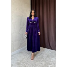 Moda Loris Mor Göğüs Altı Taşlı Elbise