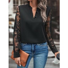 Moda Loris Kadın Uzun Kollu Yaka Düğme Detay Güpürlü Kol Krep Bluz