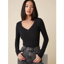 Moda Loris Kadın Siyah V Yaka Uzun Kollu Bluz