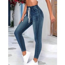 Moda Loris Kadın Belden Bağlamalı Cepli Yüksek Bel Kot Pantolon