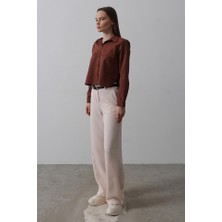 Moda Loris Kemerli Palazzo Pantolon - Pudra