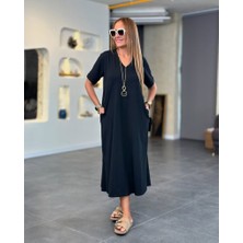 Moda Loris Kadın Kısa Kollu V Yakalı Cep Detaylı Uzun Viskon Iki Iplik Elbise