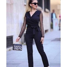 Moda Loris Kadın Uzun Kollu Kruvaze Yakalı Kolları Tül Detay Beli Kuşaklı Ithal Krep Tulum