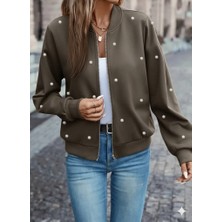 Moda Loris Kadın Uzun Kollu Önden Fermuarlı Incili Kısa Modal Ceket