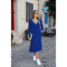 Moda Loris Kadın Uzun Kollu V Yakalı Yandan Yırtmaçlı Iki Iplik Midi Elbise