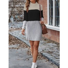 Moda Loris Kadın Uzun Kollu Balıkçı Yaka Çizgili Çok Renkli Mini Şardonlu Kaşkorsel Elbise