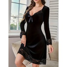 Moda Loris Kadın Uzun Kollu V Dantel Yakalı Mini Kadife Elbise