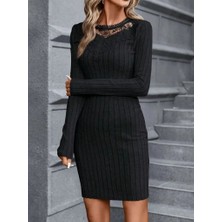 Moda Loris Kadın Uzun Kol Dantel Yaka Detaylı Kısa Şardonlu Elbise