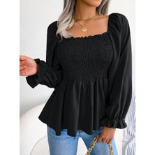 Moda Loris Kadın Uzun Kollu Geometrik Yakalı Gipe Detaylı Krep Bluz