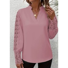 Moda Loris Kadın Uzun Kollu Hakim Yaka Kolları Dantel Detaylı Ithal Krep Bluz