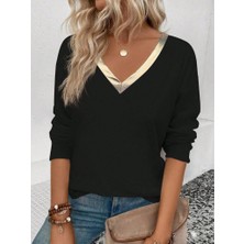 Moda Loris Kadın Uzun Kollu V Parlak Yaka Detaylı Viskon Bluz