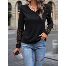 Moda Loris Kadın Uzun Kollu V Yakalı Dantelli Waffle Bluz