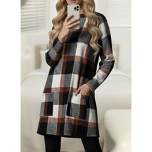 Moda Loris Kadın Uzun Kollu Yarı Balıkçı Yakalı Cep Detaylı Ekoseli Dokuma Tunik