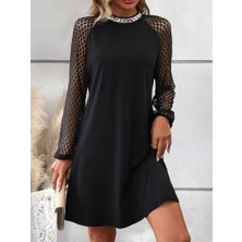 Moda Loris Kadın Uzun Kollu Yarı Balıkçı Yaka Pulpayetli Kolları Dantel Detaylı Mini Ithal Krep Elbise