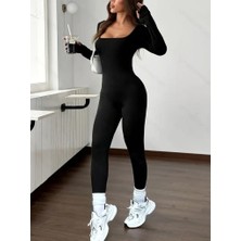 Moda Loris Kadın Uzun Kollu Kare Yakalı Fermuarlı Parmaktan Geçmeli Dalgıç Tulum