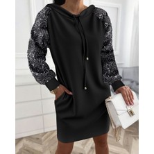 Moda Loris Kadın Uzun Kollu Pulpayetli Bağcıklı Cep Detaylı Mini Viskon Iki Iplik Elbise