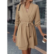 Moda Loris Kadın Uzun Kollu Kruvaze Yakalı Belden Kuşaklı Mini Çift Katlı Ithal Krep Elbise