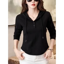 Moda Loris Kadın Uzun Kollu Kapşonlu Bağcıklı Düğmeli Viskon Iki Iplik Bluz