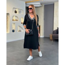 Moda Loris Kadın Uzun Kollu V Ribana Yakalı Yanlardan Yırtmaçlı Midi Viskon Iki Iplik Elbise