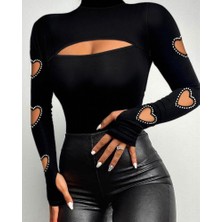 Moda Loris Kadın Uzun Kollu Yarı Balıkçı Yaka Pencere Detaylı Kolları Kalp Desen Taşlı Viskon Bluz