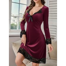Moda Loris Kadın Uzun Kollu V Dantel Yakalı Mini Kadife Elbise