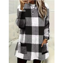 Moda Loris Kadın Uzun Kollu Yarı Balıkçı Yakalı Cep Detaylı Ekoseli Dokuma Tunik