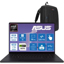 Asus Proart P16 WH7606WX Amd Ryzen Aı 9 Hx 370 64GB Ddr5 1tb SSD Windows 11 Pro RTX5070 8gb Gddr7 16 Inç Dokunmatik 3k (2880 x 1800) OLED 0.2ms 120Hz 500NITS WRJ088WWP02 + Zetta Çanta