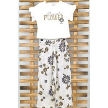 Turuncu Gardrop 4-8 Yaş Flower Keten Pantolonlu  Kız Çocuk Takım Krem