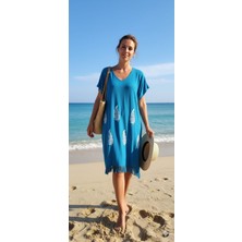 Nevin Acar Petrol Mavisi Yaprak Yarım Kollu Peştemal Plaj Elbisesi