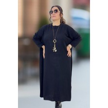 Yagmur Beren  %100 Akrilik Fitilli Desenli Mini Yırtmaçlı Bisiklet Yaka Ekstra Büyük Beden Triko Tunik Elbise