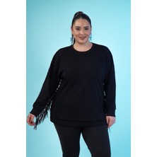 Roxxlen 3330226 Kadın Büyük Beden Siyah Deri Saçaklı Sweat