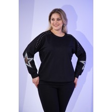 Roxxlen Büyük Beden Yıldız Taşlı Sweat Beyaz