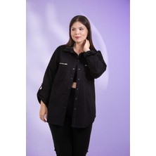 Roxxlen 12111095 Kadın Büyük Beden Siyah Büyük Beden 1211095 Cep Fermuarlı Gömlek