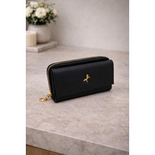 Lorevie Kadın Siyah Fermuarlı Uzun Cüzdan Gold Aksesuarlı Şık Günlük Cüzdan