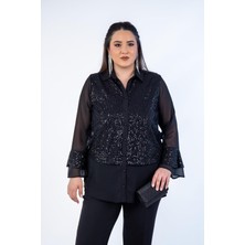Roxxlen 1122542 Kadın Büyük Beden Siyah Pul Payetli Gömlek