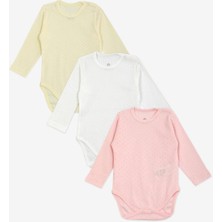 Luggi Baby Yenidoğan - 3 Yaş Bisiklet Yaka Pamuklu Uzun Kollu Kız Bebek Jakarlı Çıtçıtlı Body 3'lü