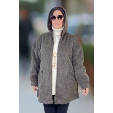 Yagmur Beren  Ithal Sakallı Buklet Kumaş Fermuarlı Kapüşonlu Astarsız Torba Cep Büyük Beden Bukletceket