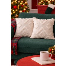 Halımax Cloud Peluş Dekoratif Beyaz 2'li Kırlent Kılıfı Yıkanabilir Tasarım Polyester Jakarlı Welsoft 43X43