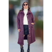 Yagmur Beren  Sakallı Buklet Kumaş Astarsız Gold Düğme Detay Torba Cep Büyük Beden Kadın Kaban