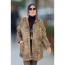 Yagmur Beren  Leopar Desenli Kapüşonlu Fermuarlı Astarsız Büyük Beden Süet Ceket