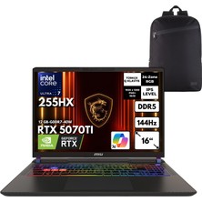 MSI Msı Vector 16 Hx Aı Ultra 7-255HX 40-Gbddr5 1 Tb RTX5070TI (12 GB-GDDR7-40W) 16" Fhd+ 144Hz Windows 11 Pro + Hmf Sırt Çantası A2XWHG-091XTRHMF20