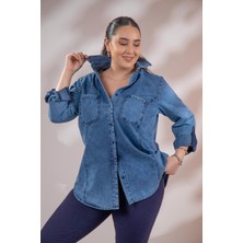 Roxxlen 1222506 Kadın Büyük Beden Lacivert Cep Detaylı Denim Gömlek