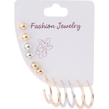 Pazarois Altın ve Gümüş Renk Halka ve Top Detaylı Bijuteri Küpe Seti