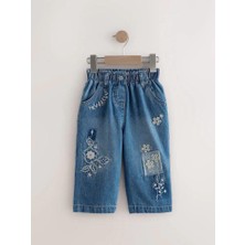 Magu Kız Çocuk Nakışlı Kot Pantolon – Elastik Belli, Çiçek Detaylı Denim Alt