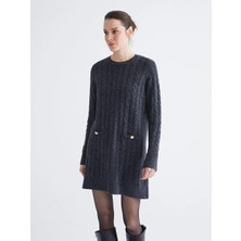 LC Waikiki Antrasit Bisiklet Yaka Kendinden Desenli Mini Triko Elbise  (W5)