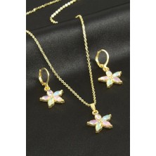 Pazarois Renkli Taşlı Papatya Figürlü Gold Renk Bijuteri Kolye Küpe Seti